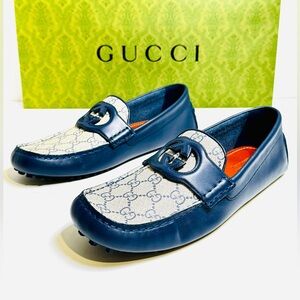 Gucci Interlocking G Driver Loafers Blue Classic Double G Canvas Size 10.5 NEW!